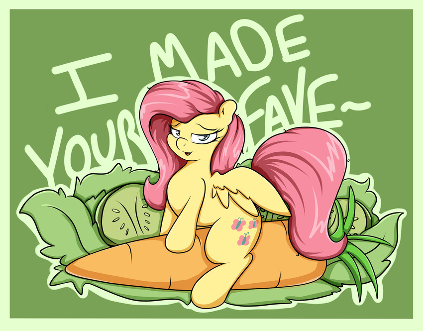 bedroom_eyes carrot cucumber cutie_mark equine feathers female fluttershy_(mlp) friendship_is_magic fur graphene hair hooves lettuce long_hair looking_at_viewer mammal my_little_pony open_mouth pegasus pink_hair smile solo text wings yellow_fur