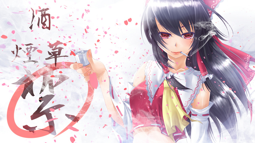 45_(diagonal45angle) alcohol ascot black_hair blush breasts cigarette detached_sleeves hair_ribbon hakurei_reimu highres lips long_hair looking_at_viewer medium_breasts midriff red_eyes ribbon sake smoking solo touhou