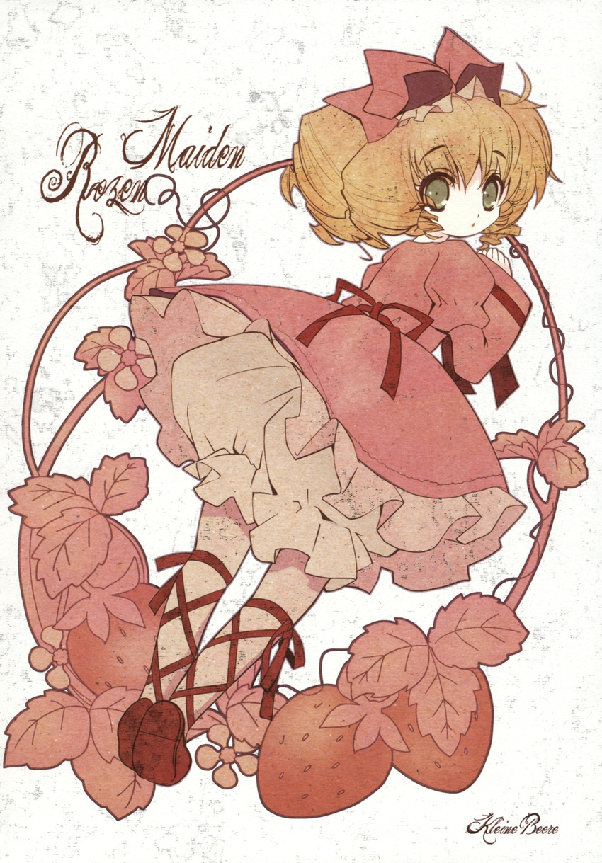 blonde_hair bloomers bow character_name copyright_name dress drill_hair food fruit green_eyes hair_bow highres hina_ichigo object_namesake pantyhose pink_bow plant room603 rozen_maiden short_hair strawberry underwear vines