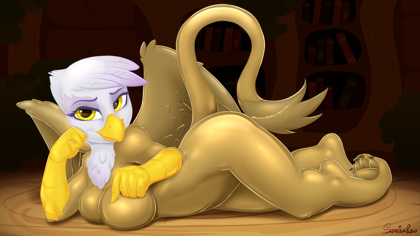 2015 anthro anthrofied avian breasts cartoon feathers female friendship_is_magic gilda_(mlp) gryphon hindpaw inside library looking_at_viewer lying my_little_pony nude paws smile solo swissleos wings yellow_eyes