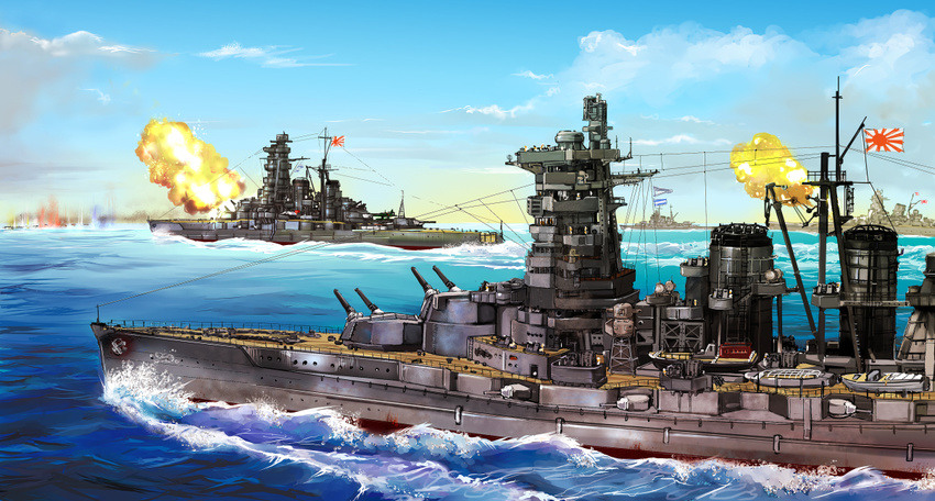 choukai_(cruiser) commentary flag haruna_(battleship) historical_event imperial_japanese_navy japanese_flag kongou_(battleship) military military_vehicle no_humans ocean original rising_sun ship sunburst turret warship watercraft yamato_(battleship) yuya