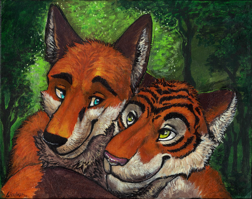 anthro blue_eyes canine chumbasket feline forest fox gay hug male mammal nude romantic smile tiger tree whiskers