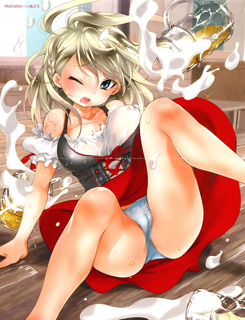 1girl alcohol beer blonde_hair blue_eyes blush braid breasts bubble bubbles cleavage female german highres hiten_(artist) hiten_goane_ryu inuburo large_breasts looking_at_viewer one_eye_closed open_mouth original panties see-through shiny_skin short_hair solo sweat underwear wardrobe_malfunction wet wince wood