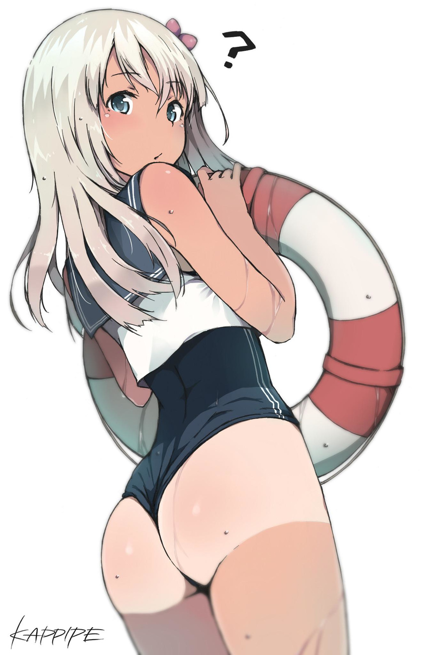 ? artist_name ass bangs blue_eyes flower from_behind hair_flower hair_ornament highres holding holding_innertube innertube kantai_collection kappipe_(brd0520) long_hair looking_at_viewer one-piece_swimsuit ro-500_(kantai_collection) sailor_collar school_swimsuit silver_hair simple_background solo swimsuit tan tanline wet white_background