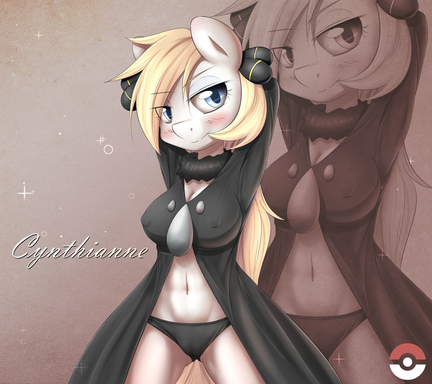 anthro arms_behind_head aryanne aryanne_(character) bedroom_eyes blonde_hair blue_eyes blush cleavage clothed clothing crossover cynthia equine fan_character female fur hair horse long_hair looking_at_viewer mammal my_little_pony navel nintendo panties pok&eacute;mon pony smile solo standing text underwear video_games white_fur