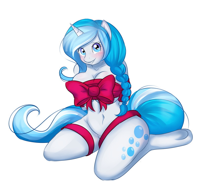 &lt;3 absurd_res alpha_channel anthro big_breasts blue_eyes blue_hair blush bow breasts cat-named-fish cutie_mark equine fan_character female freckles fur hair hi_res hooves horn kneeling long_hair looking_at_viewer mammal my_little_pony navel ribbons smile solo two_tone_hair unicorn white_fur