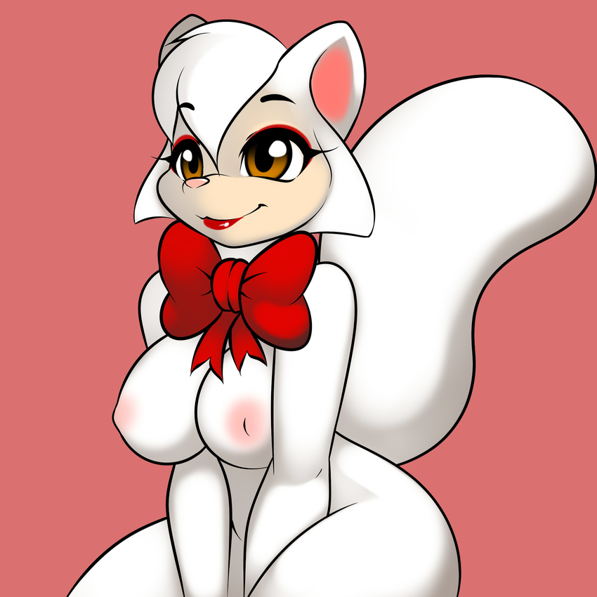 2015 anthro areola bow breasts brown_eyes cat cats_don't_dance feline female fur hair hi_res kloudmutt lips mammal nipples pink_background pink_nose plain_background red_lips sawyer short_hair sitting smile solo thick_thighs voluptuous white_fur white_hair wide_hips