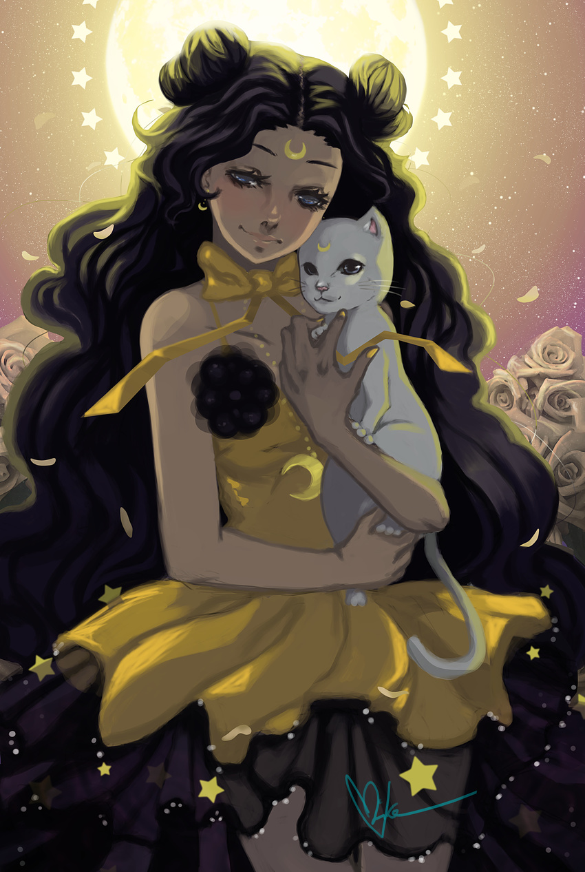 absurdres artemis_(sailor_moon) backlighting bare_shoulders bishoujo_senshi_sailor_moon black_hair blue_eyes bow cat cowboy_shot crescent_moon double_bun dress earrings eyelashes facial_mark flower forehead_mark highres holding jewelry long_hair luna_(sailor_moon) luna_(sailor_moon)_(human) mikanpen moon moonlight nail_polish necklace petticoat ribbon rose signature smile very_long_hair white_flower white_rose yellow_bow yellow_dress yellow_ribbon