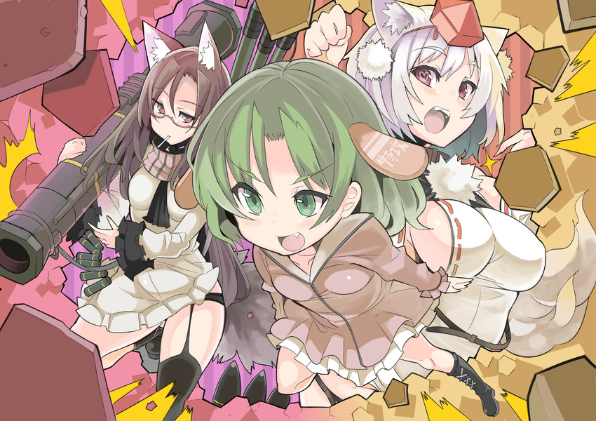 alternate_costume animal_ears bad_id bad_pixiv_id bespectacled breasts brown_hair cigarette detached_sleeves dress fang garter_straps glasses green_eyes green_hair hat heart heart-shaped_pupils hiruma_andon imaizumi_kagerou inubashiri_momiji kasodani_kyouko large_breasts long_hair medium_breasts multiple_girls open_mouth red_eyes rocket_launcher scarf short_hair sideboob silver_hair skirt small_breasts smile symbol-shaped_pupils tokin_hat touhou weapon wolf_ears