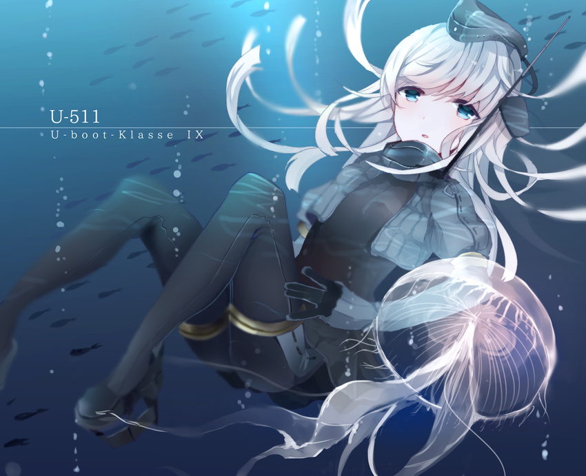 black_dress black_legwear blonde_hair blue_eyes character_name cropped_jacket dress garrison_cap gloves hat headgear highres jellyfish kantai_collection kumahara long_hair looking_at_viewer military military_hat military_uniform pale_skin pantyhose puffy_sleeves solo u-511_(kantai_collection) underwater uniform