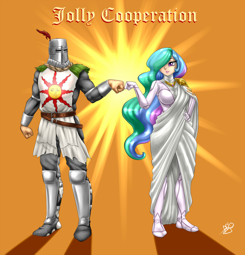 armor big_breasts breasts clothed clothing crossover crown dark_souls dress duo ear_piercing feather female friendship_is_magic hair human humanized knight long_hair male mammal multicolored_hair my_little_pony pia-sama piercing pink_eyes princess princess_celestia_(mlp) royalty solaire_of_astora tiara video_games