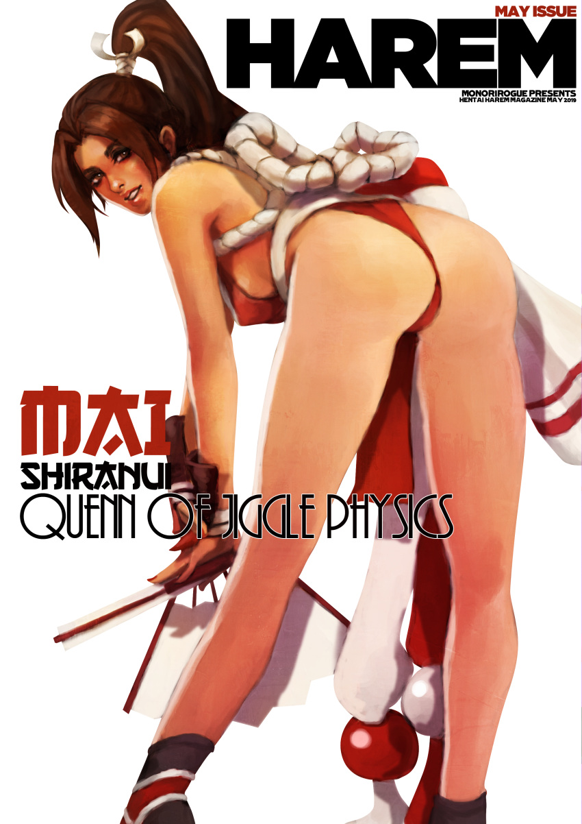 1girl absurdres ass bent_over breasts brown_eyes brown_hair commentary cover english_commentary fan fatal_fury flat_ass folding_fan from_behind hair_ribbon highres large_breasts lips long_legs looking_back magazine_cover may monori_rogue ninja nose pelvic_curtain ponytail revealing_clothes ribbon rope shimenawa shiranui_mai solo the_king_of_fighters truth white_background
