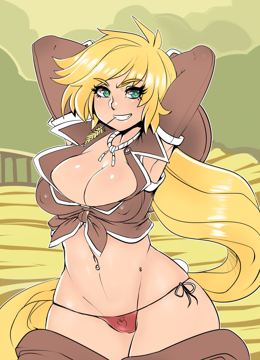 applejack arms_up blonde_hair breasts covered_nipples cowboy_hat cowboy_shot green_eyes grin hat hat_removed headwear_removed highres large_breasts long_hair lowleg lowleg_panties maniacpaint mouth_hold my_little_pony my_little_pony_friendship_is_magic navel_piercing panties personification piercing red_panties shirt side-tie_panties smile solo straw_(stalk) tied_shirt underwear very_long_hair