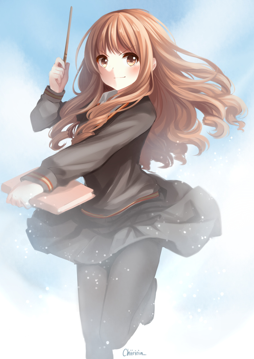 absurdres artist_name black_legwear blush book brown_eyes brown_hair chiiririn harry_potter hermione_granger highres hogwarts_school_uniform long_hair looking_at_viewer necktie pantyhose school_uniform smile solo wand