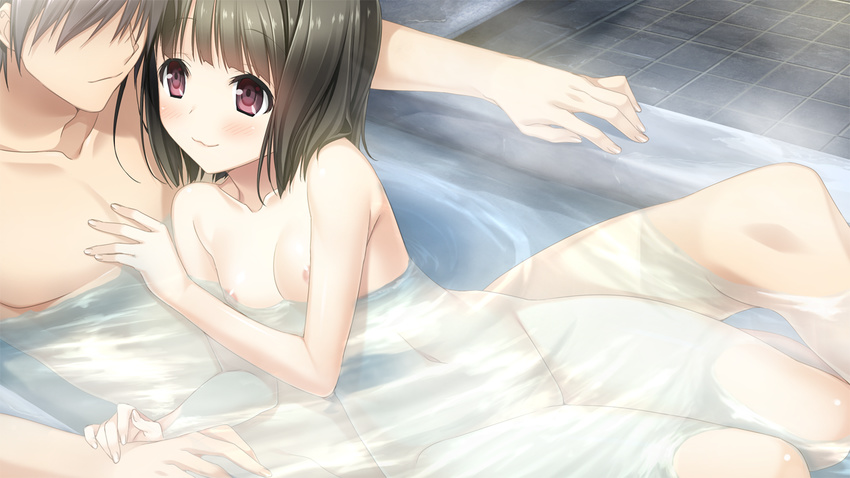 1girl :3 bath bathroom bathtub black_hair blush breasts faceless faceless_male game_cg hand_on_another's_chest haru_kiss hetero holding_hands lying marui_(koedame) mixed_bathing navel nipples nude partially_submerged pink_eyes seto_konomi short_hair small_breasts smile steam thighs tile_floor tiles water