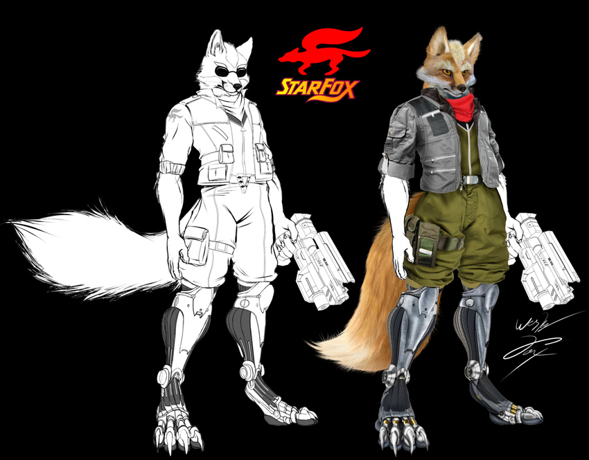 2014 anthro bandanna black_background blaster canine claws clothing cybernetics digitigrade edit eyewear fox fox_mccloud gun gunzcon jacket looking_away male mammal monochrome nintendo pants photo_manipulation photomorph plain_background prosthetic prosthetic_leg ranged_weapon realistic solo standing star_fox sunglasses video_games weapon