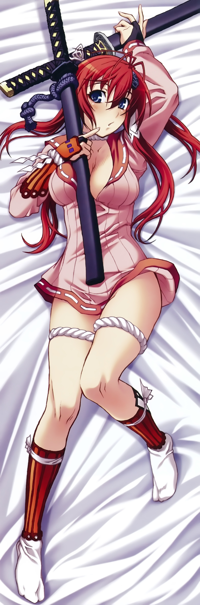 absurdres antenna_hair blue_eyes dakimakura fingerless_gloves full_body gloves hair_between_eyes highres hyakka_ryouran_samurai_girls long_hair nishii_(nitroplus) official_art red_hair solo sword sword_between_breasts weapon yagyuu_juubei_(hyakka_ryouran)