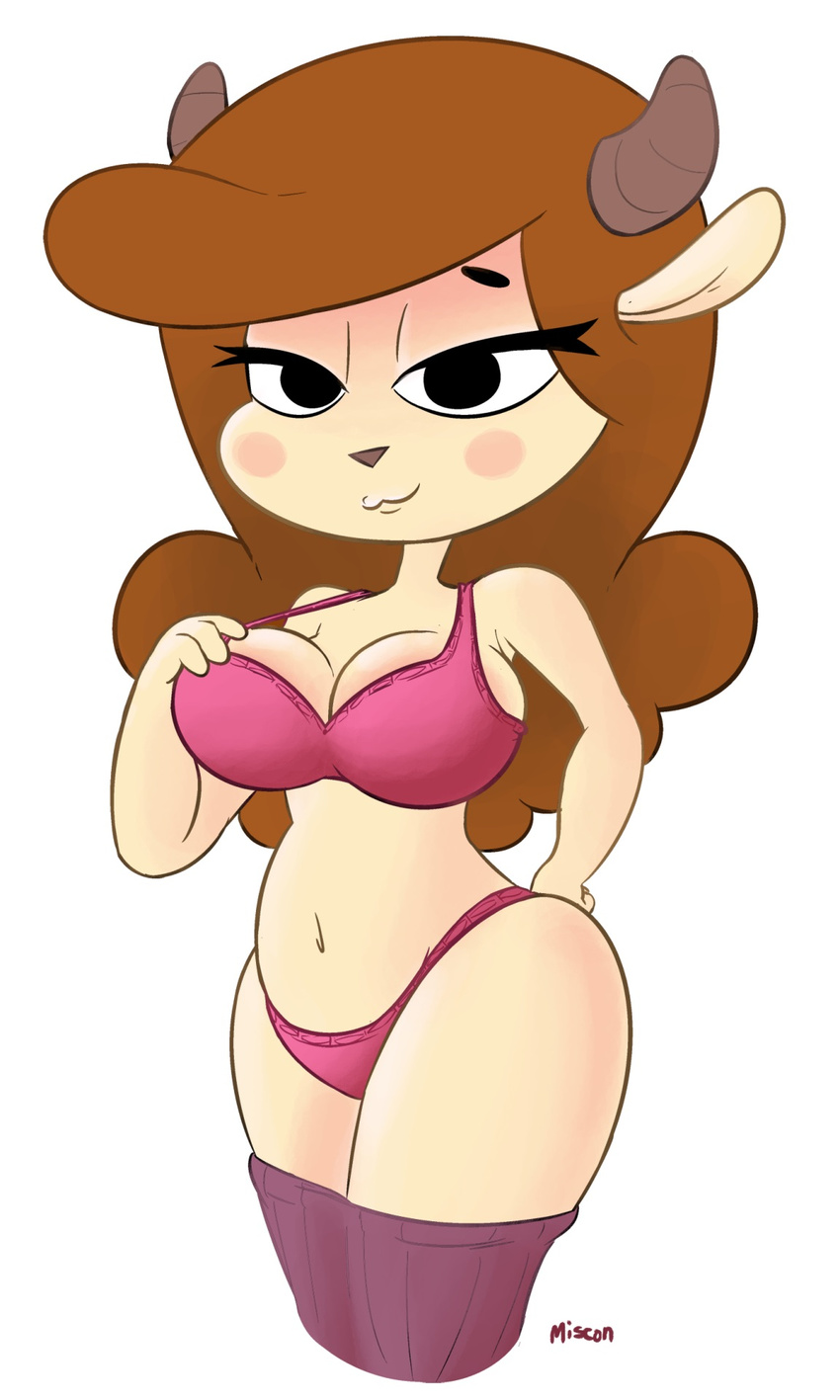 absurd_res bedroom_eyes big_breasts blush bra breasts brown_hair caprine chun-ni clothed clothing female goat hair hi_res horn legwear long_hair mammal milf miracle_star miscon mother panties parent signed skimpy smile solo stockings underwear