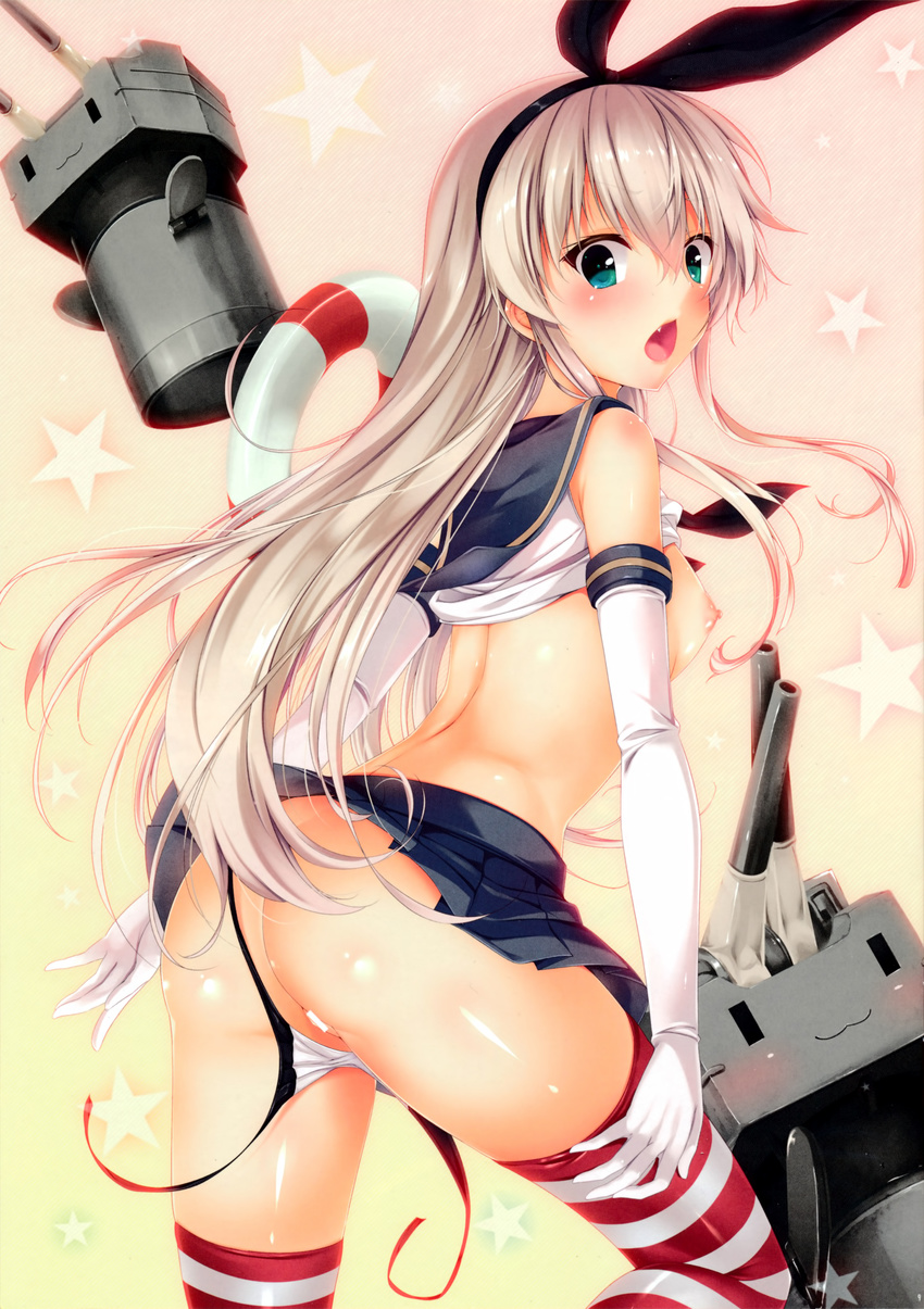 absurdres ass bar_censor black_panties blonde_hair blue_eyes blush breasts censored elbow_gloves gloves hairband highres kantai_collection long_hair looking_back nipples nironiro open_mouth panties rensouhou-chan scan shimakaze_(kantai_collection) side-tie_panties skirt small_breasts solo striped striped_legwear thighhighs underwear untied untied_panties white_gloves