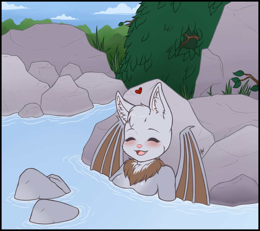 &lt;3 anthro bat big_ears blush breasts chest_tuft cute ellise female fluffy fur gforce hair mammal nature_scene nude pool short_hair sky smile solo tuft water wings