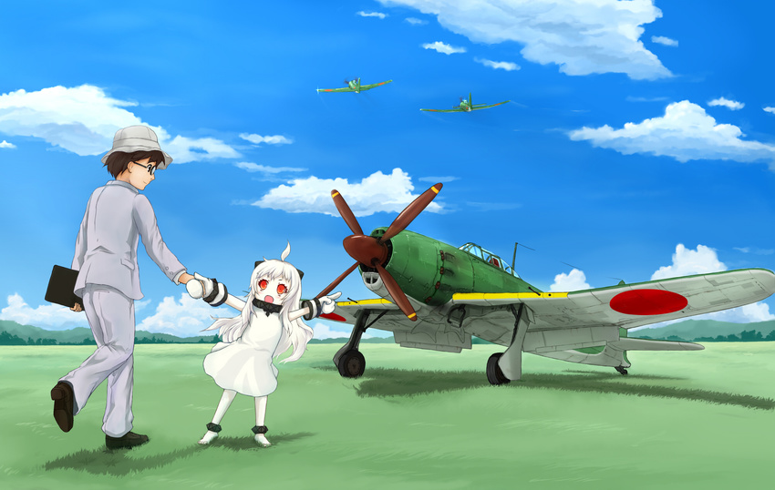 1girl :d a7m_reppuu ahoge aircraft airplane black_eyes black_hair blue_sky cloud crossover day dress grass hat highres horikoshi_jirou horns kantai_collection kaze_tachinu long_hair mittens mob_cap northern_ocean_hime open_mouth outdoors pointing red_eyes shinkaisei-kan sky smile white_dress white_hair white_skin yakuto007