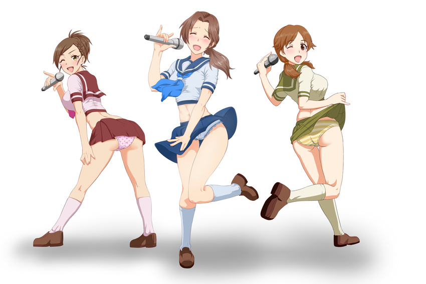 ascot ass blue_panties blush braid brown_eyes brown_hair closed_eyes crop_top hakuyou-choun highres hyoudou_rena idol idolmaster idolmaster_cinderella_girls katagiri_sanae kawashima_mizuki leaning_forward long_hair looking_at_viewer looking_back low_twintails mature microphone midriff multiple_girls music one_eye_closed open_mouth panties panties_day pantyshot pink_panties polka_dot polka_dot_panties ponytail sailor_collar school_uniform serafuku singing skirt skirt_lift standing standing_on_one_leg striped striped_panties twintails underwear wind wind_lift