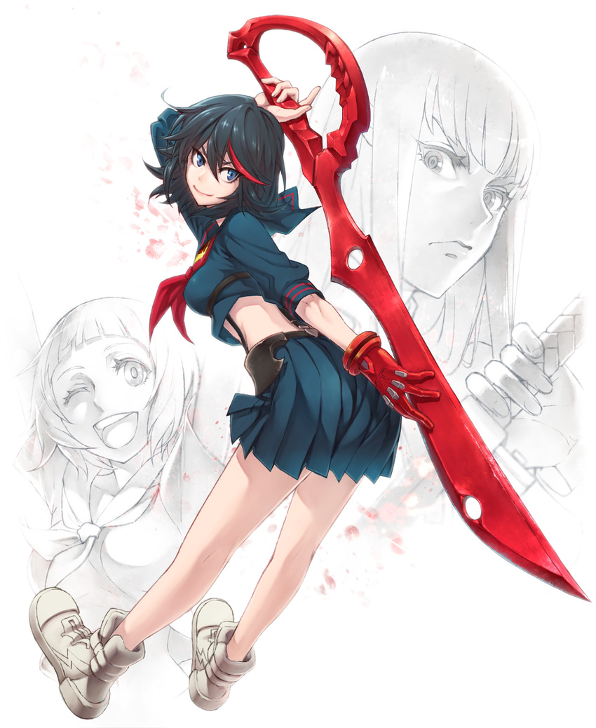 black_hair blue_eyes churayuki gloves highres kill_la_kill kiryuuin_satsuki long_hair mankanshoku_mako matoi_ryuuko multicolored_hair multiple_girls partially_colored school_uniform scissor_blade senketsu sheath short_hair single_glove suspenders sword two-tone_hair unsheathing weapon