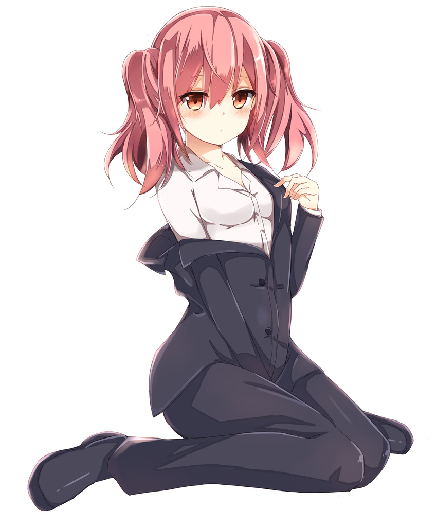 absurdres bad_id bad_pixiv_id bangs between_legs collared_shirt expressionless formal hand_between_legs highres inu_x_boku_ss jacket kurebayashi_noe off_shoulder pant_suit pink_hair red_eyes roromiya_karuta shirt simple_background sitting solo suit twintails wariza white_background