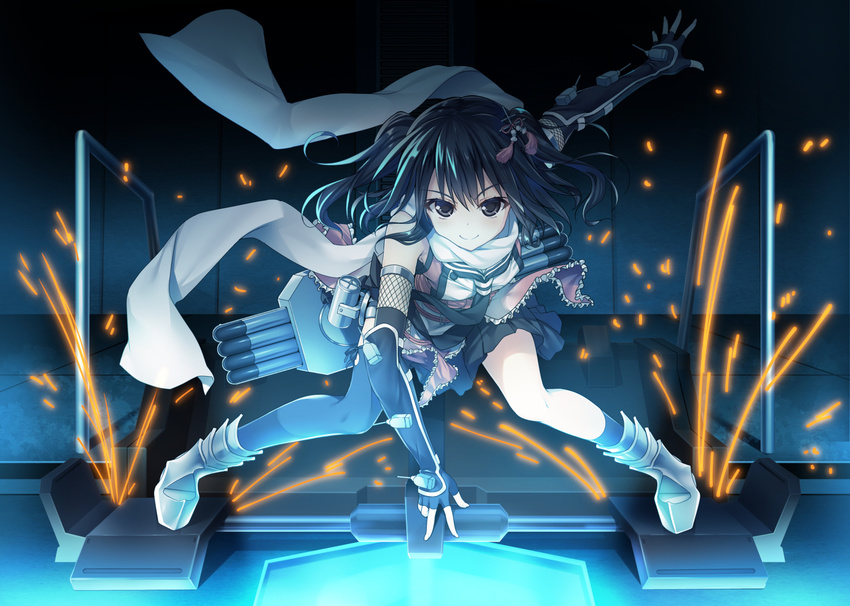 &gt;:) arm_guards black_gloves black_hair black_legwear brown_eyes cannon fighting_stance fingerless_gloves full_body gloves glowing kantai_collection looking_at_viewer ninja outstretched_arm pose raiou remodel_(kantai_collection) scarf sendai_(kantai_collection) single_thighhigh skirt smile sparks thighhighs torpedo turret v-shaped_eyebrows