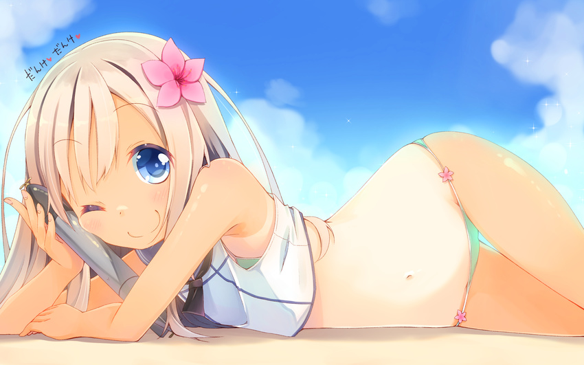 ;) bikini bikini_under_clothes blonde_hair blue_eyes closed_mouth crop_top flower green_bikini hair_flower hair_ornament highres hirose_madoka kantai_collection long_hair lowleg lowleg_bikini lying micro_bikini on_side one-piece_tan one_eye_closed ro-500_(kantai_collection) sailor_collar smile solo swimsuit swimsuit_under_clothes tan tanline torpedo