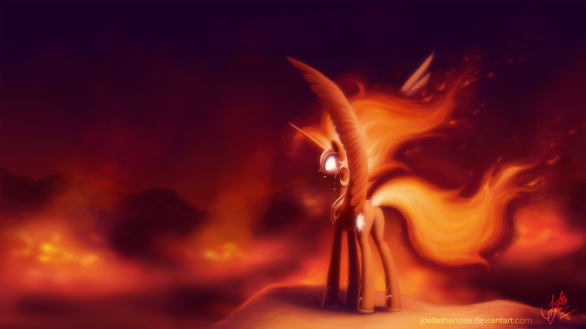 2015 cutie_mark equine female fire friendship_is_magic glowing glowing_eyes hair helmet horn joellethenose mammal my_little_pony orange_hair princess_celestia_(mlp) red_theme solo tears winged_unicorn wings