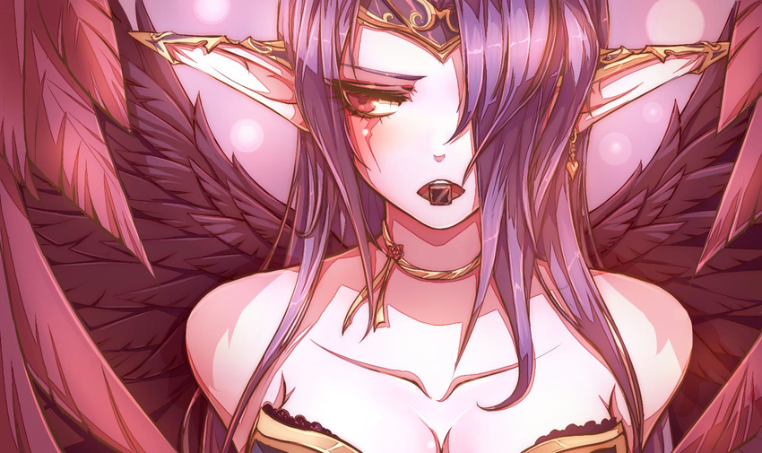 bare_shoulders beancurd breasts chocolate cleavage collar collarbone highres jewelry league_of_legends long_hair medium_breasts morgana open_mouth purple_hair simple_background wings