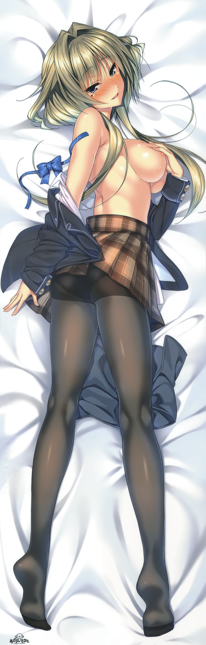 absurdres amakano areolae ass bed_sheet black_legwear black_panties blush breast_squeeze breasts brown_hair covering covering_breasts dakimakura full_body hair_intakes head_tilt highres huge_filesize kanbayashi_mizuki large_breasts legs long_legs looking_back lying mole mole_under_eye naughty_face no_bra on_stomach open_clothes open_shirt panties panties_under_pantyhose pantyhose pantyshot piromizu purple_eyes scan shirt shirt_pull short_hair short_hair_with_long_locks skirt skirt_lift solo sweat thighhighs tsurime underwear