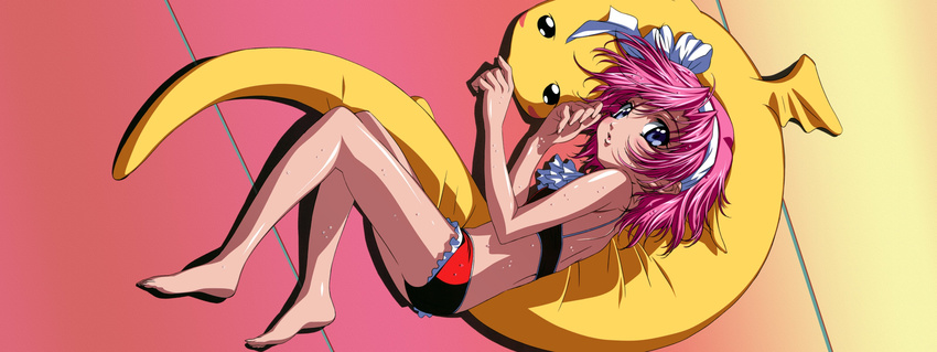 :o absurdres back bare_arms bare_legs bare_shoulders barefoot bikini blush dutch_angle frilled_bikini frills from_above full_body gotou_keiji hairband highres kiddy_grade looking_at_viewer lying on_side open_mouth pink_hair purple_eyes red_bikini short_hair shoulder_blades solo stuffed_animal stuffed_toy swimsuit viola_(kiddy_grade) water wet wet_hair white_hairband