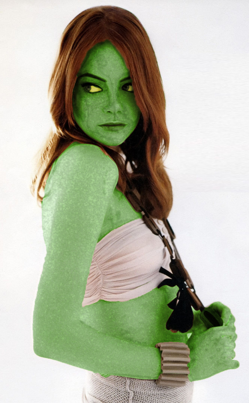 amphibian anthro cute drmoreau1867 edit emma_stone female frog green_skin hair human mammal midriff mottled_skin photo_manipulation photomorph real recolor red_hair shoulder slime speckled_skin spots tree_frog yellow_eyes