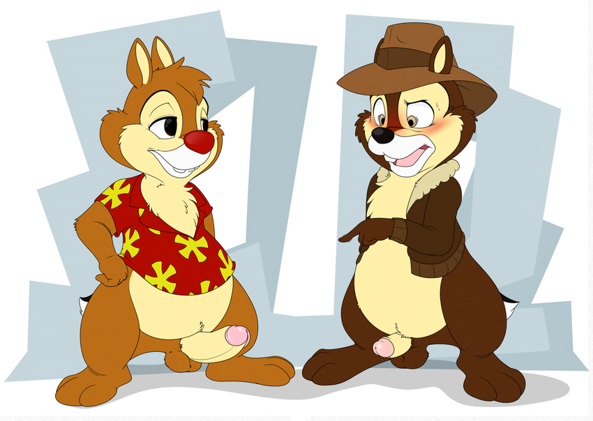 balls blush bottomless buckteeth chip_'n_dale_rescue_rangers chip_(cdrr) chipmunk chubby clothed clothing coat comparing dale digital_media_(artwork) disney duo erection eye_contact flat_colors geometric_background half-dressed hands_on_hips hat humanoid_penis male mammal neenya ope_mouth penis pointing rodent surprise