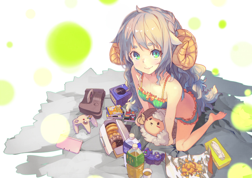 angel_french barefoot bottle chips controller doughnut eyebrows feet food french_cruller game_console game_controller gamecube green_eyes handheld_game_console horns long_hair looking_at_viewer nintendo nintendo_3ds nintendo_64 original pajamas pastry_box pon_de_ring sheep sheep_horns silver_hair sitting smile soles solo stuffed_animal stuffed_sheep stuffed_toy tissue_box toes wariza yoo_(tabi_no_shiori)