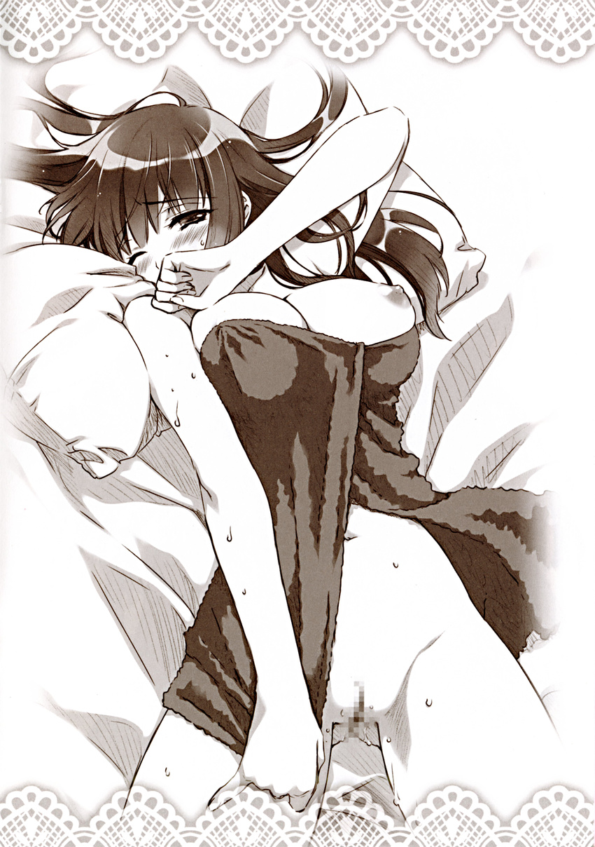 absurdres bangs bed_sheet blush breasts carnelian censored cleavage covered_nipples covering_mouth cowboy_shot embarrassed hair_flowing_over hair_spread_out half-closed_eyes hand_over_own_mouth highres indoors lace lace_border large_breasts long_hair looking_at_viewer lying monochrome mosaic_censoring naked_towel navel nipple_slip nipples on_back on_bed one_eye_closed original pillow pinky_out puffy_nipples pussy pussy_juice raised_eyebrows rurika_(carnelian) scan skindentation solo towel wet wince