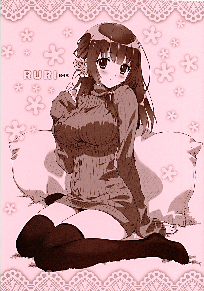 absurdres aran_sweater blush breasts carnelian dress flower hair_flower hair_ornament highres large_breasts long_hair monochrome no_shoes original pillow ribbed_sweater rurika_(carnelian) sitting smile solo sweater sweater_dress thighhighs turtleneck wariza