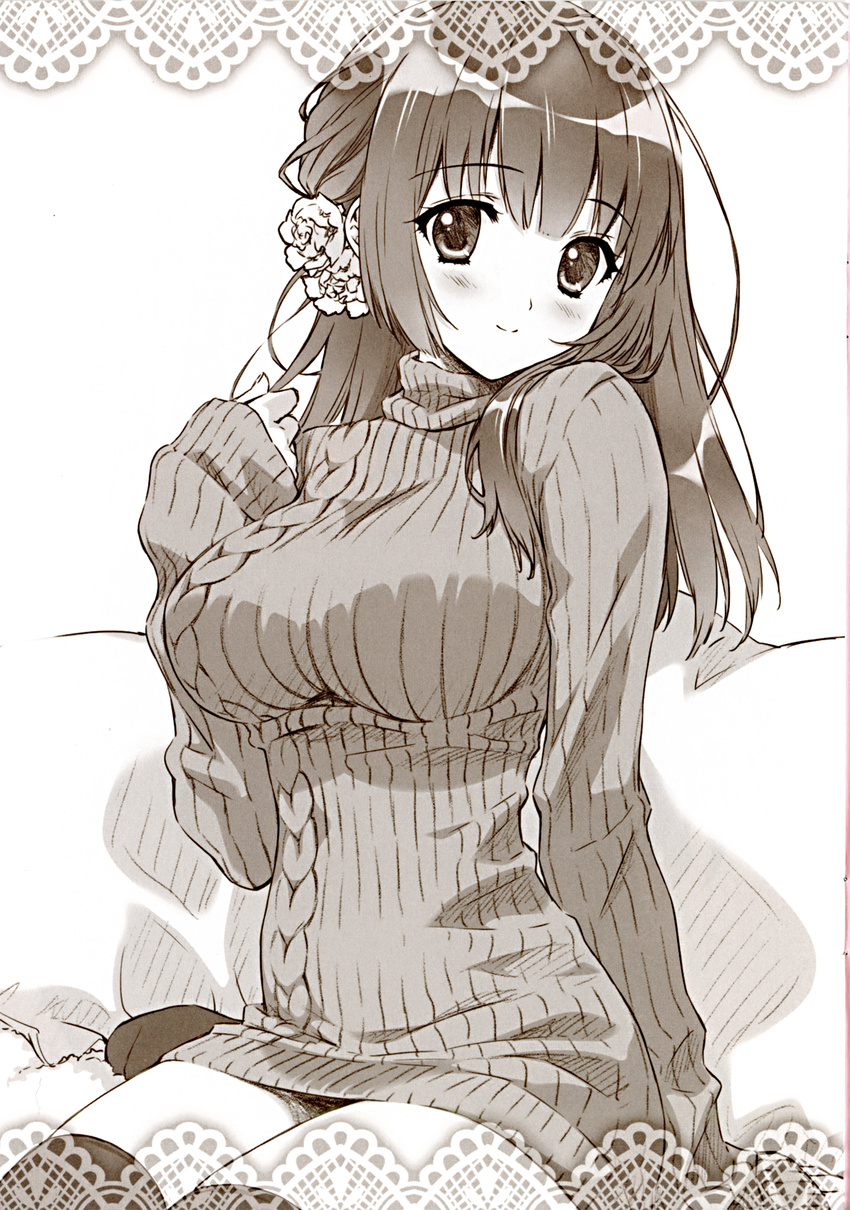 absurdres aran_sweater blush breasts carnelian dress flower hair_flower hair_ornament highres large_breasts long_hair original ribbed_sweater rurika_(carnelian) sitting smile solo sweater sweater_dress thighhighs turtleneck
