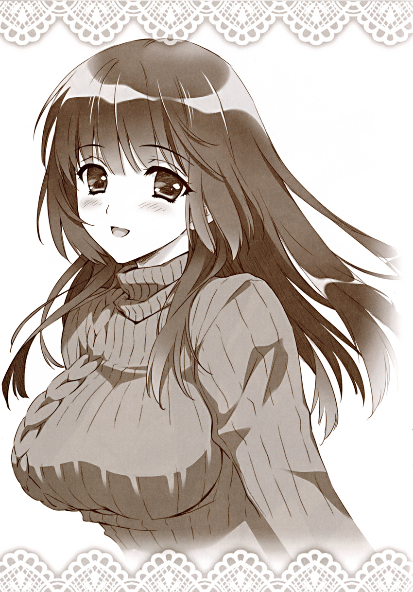 absurdres aran_sweater blush breasts carnelian highres large_breasts long_hair monochrome open_mouth original ribbed_sweater rurika_(carnelian) smile solo sweater turtleneck
