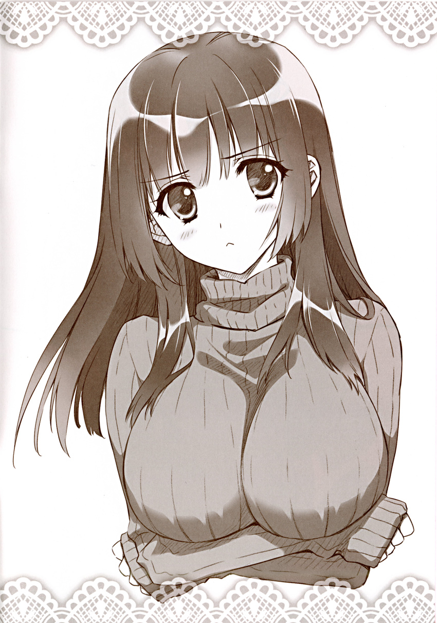 :&lt; absurdres blush breast_hold breasts carnelian highres large_breasts long_hair looking_at_viewer monochrome original ribbed_sweater rurika_(carnelian) sleeves_past_wrists solo sweater turtleneck upper_body