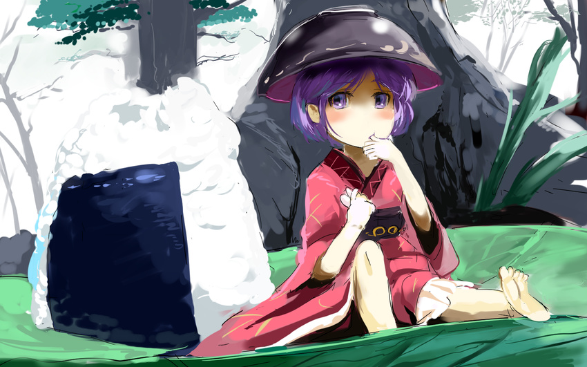 barefoot bowl bowl_hat eating finger_in_mouth food grass hat japanese_clothes kimono leaf minigirl onigiri purple_eyes purple_hair sash sinzan sitting solo sukuna_shinmyoumaru touhou tree wallpaper wide_sleeves