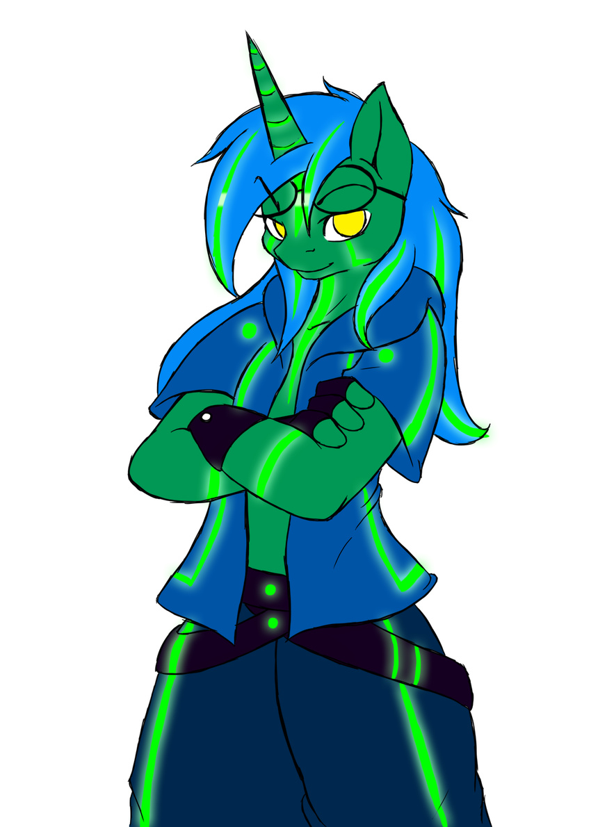 2015 alpha_channel anthro clothing crossed_arms equine fan_character fingerless_gloves fluoresca_neon gloves glowing hair horn long_hair looking_at_viewer male mammal my_little_pony plain_background smile solo suirano transparent_background two_tone_hair unicorn yellow_eyes