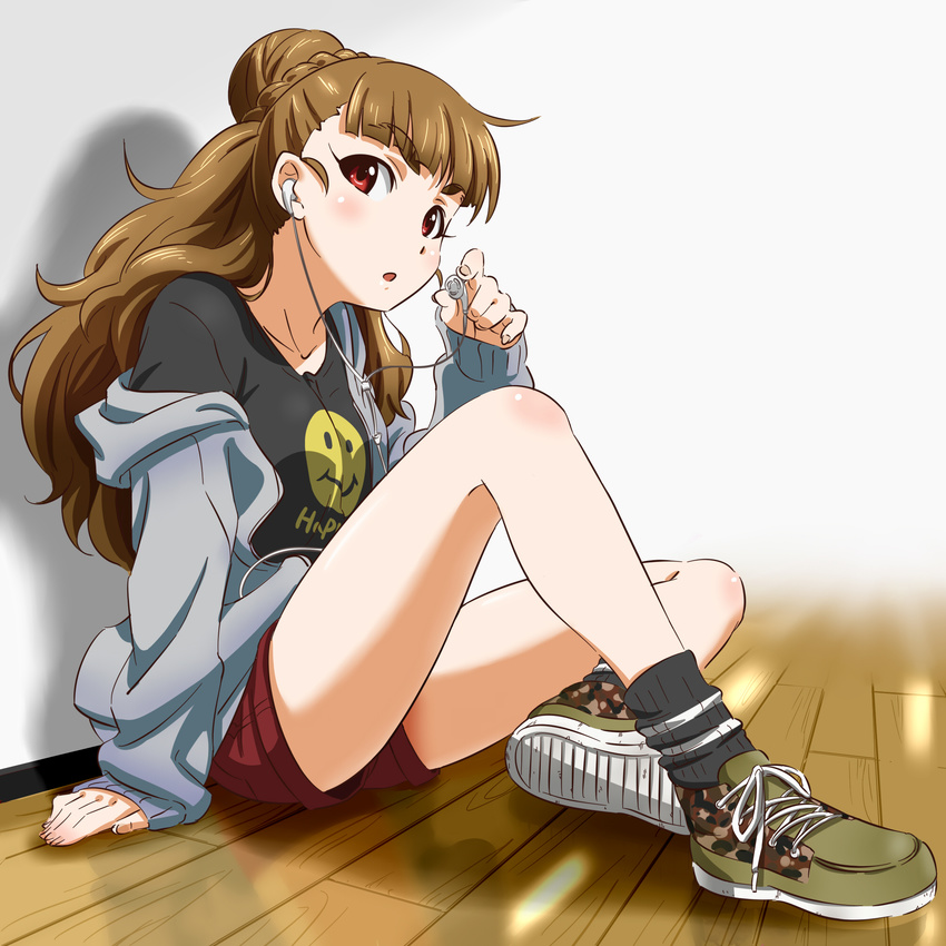 :o blush braid braided_bun brown_hair camouflage earbuds earphones eyebrows hachikou_p hair_bun highres idolmaster idolmaster_cinderella_girls kamiya_nao legs long_hair off_shoulder red_eyes shirt shoes shorts single_earphone_removed sitting sleeves_past_wrists smiley_face sneakers socks solo t-shirt