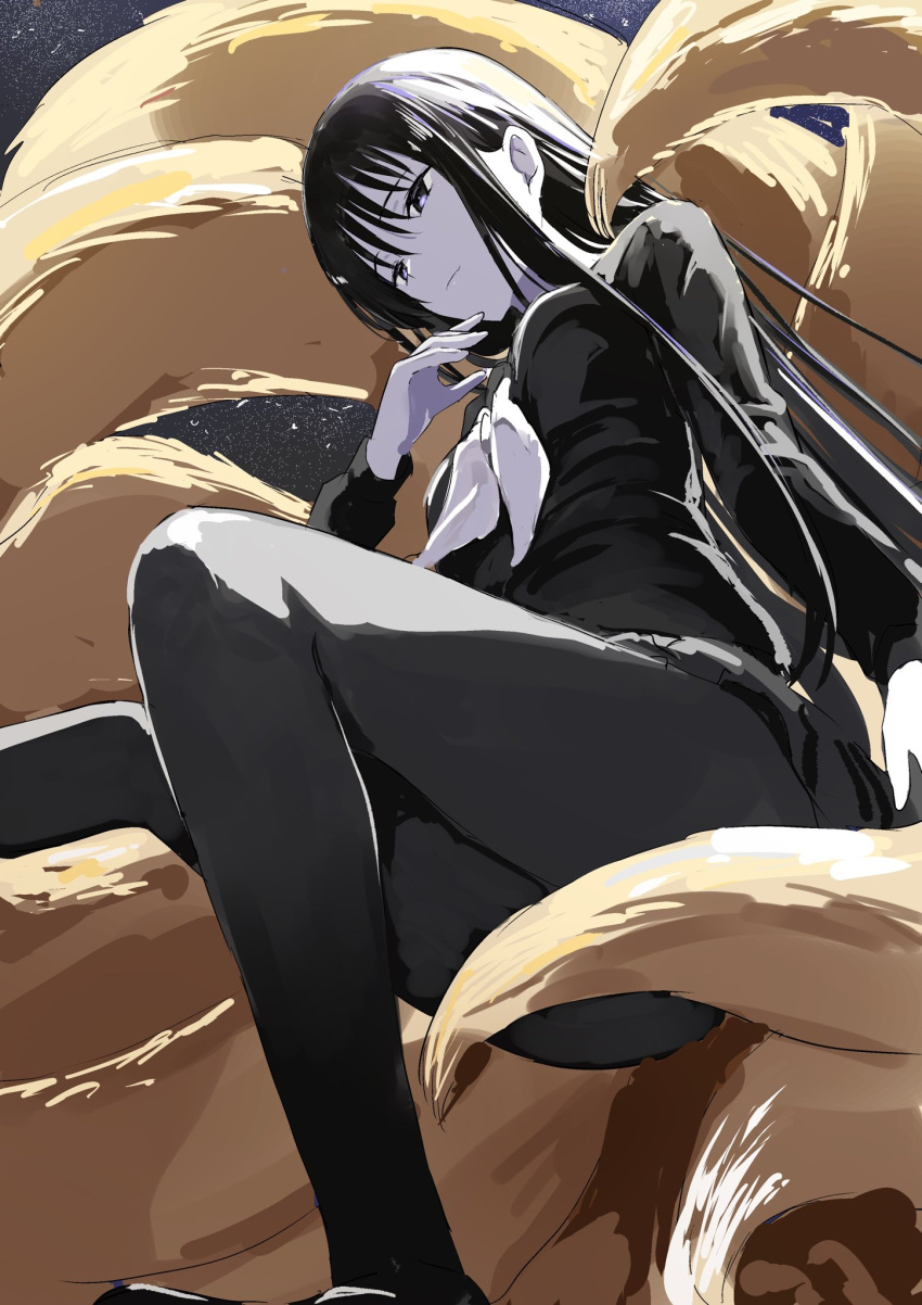 1girl bangs black_eyes black_hair black_legwear black_serafuku eyebrows_behind_hair eyebrows_visible_through_hair fox_girl fox_tail from_below hagoromo_gitsune highres long_hair looking_to_the_side manno_(kanpi2100) multiple_tails nurarihyon_no_mago pantyhose ribbon school_uniform serafuku solo tail