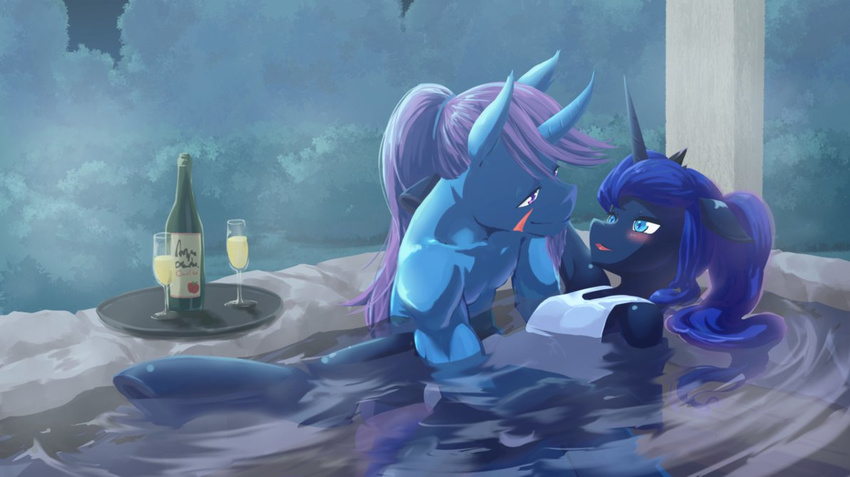 alcohol anthro azure_night beverage blue_fur blush clothing equine fan_character friendship_is_magic fur glass hair horn mammal my_little_pony pool princess_luna_(mlp) scar siagia swimsuit