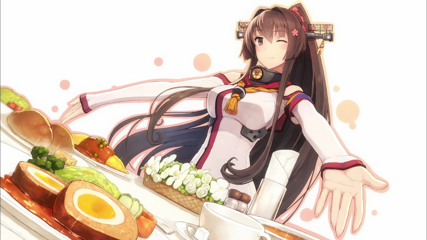 ;) bare_shoulders bread breasts brown_eyes brown_hair cherry_blossoms eyecatch flower food hair_flower hair_intakes hair_ornament headgear highres kantai_collection large_breasts long_hair long_sleeves napkin non-web_source official_art omelet one_eye_closed outstretched_arms peas plate ponytail salt_shaker screencap shizuma_yoshinori sleeves_past_wrists smile solo sparkle table very_long_hair yamato_(kantai_collection)