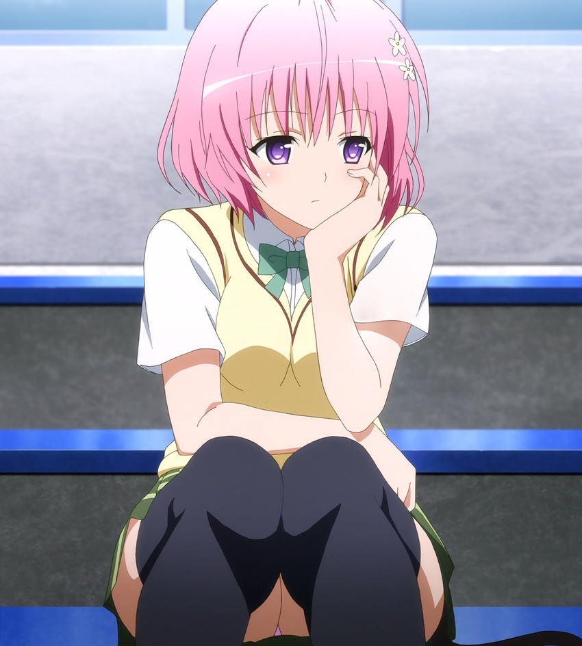 1girl female momo_velia_deviluke pink_hair school_uniform screencap sitting solo thighhighs to_love-ru toloveru uniform