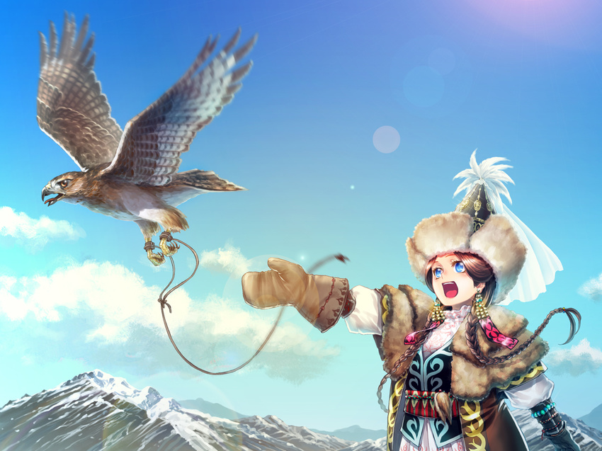 :d beads bird blue_eyes bracelet braid brown_hair cloud commentary day earrings falconry fur hat jewelry kazakh_clothes kazakhstan kws leash lens_flare long_hair mittens mountain open_mouth original outstretched_arm sky smile snow solo traditional_clothes twin_braids